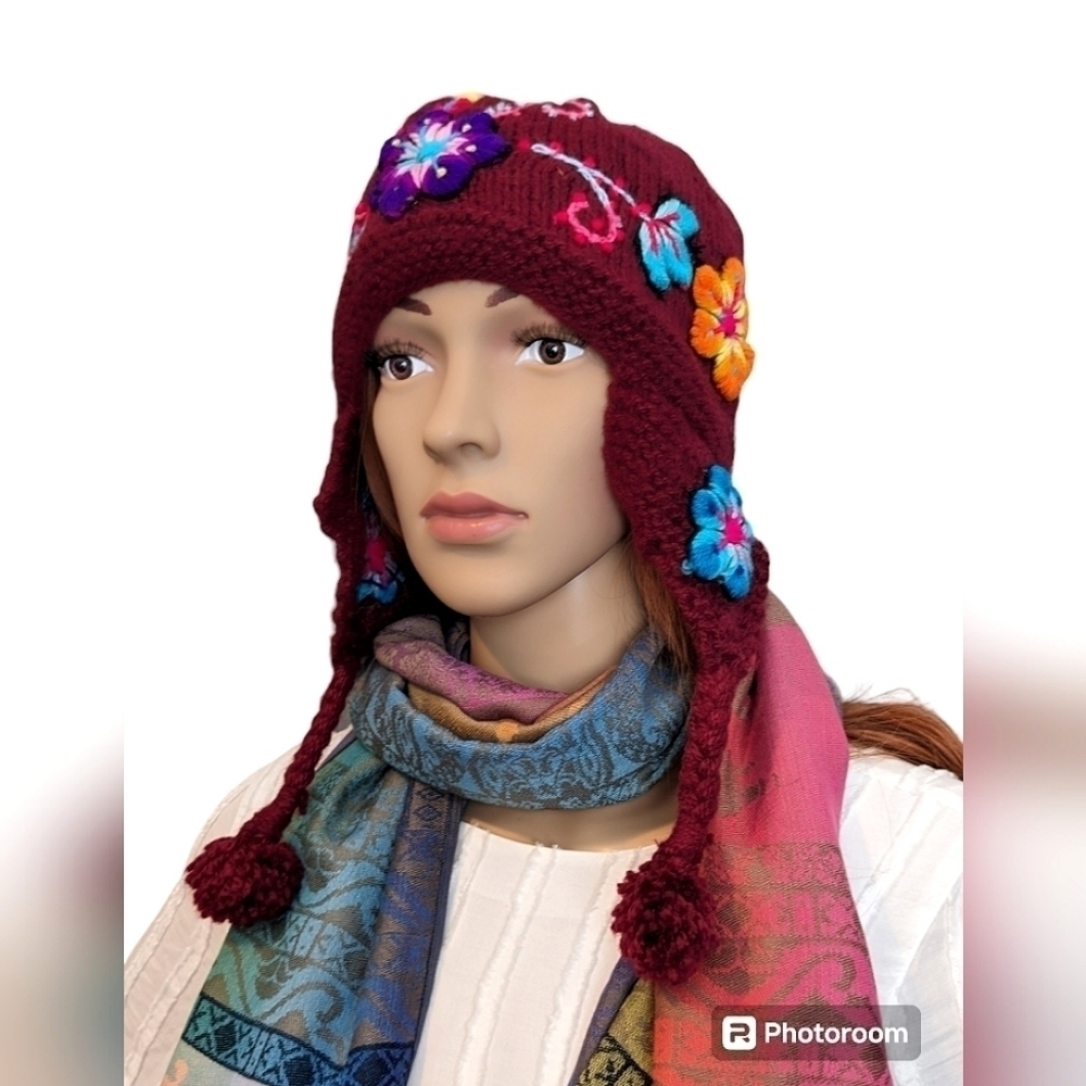 Beautiful Chullo Handmade flower multicolor design Sheep Wool